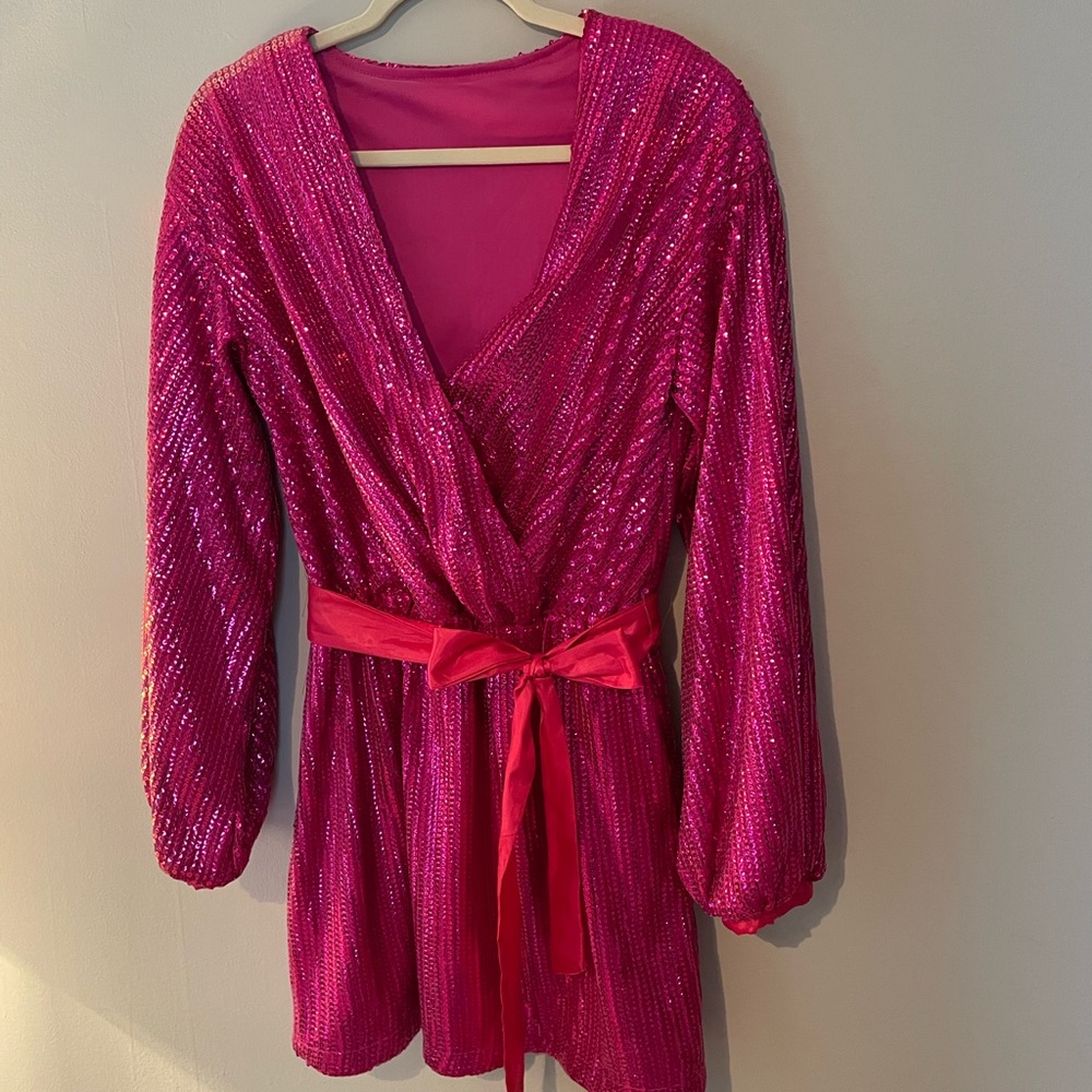 Pink sequin party dress with satin belt